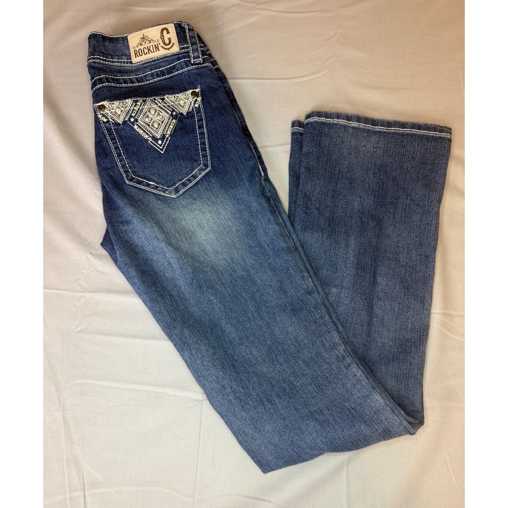 Rockin C‎ Bootcut Jeans Women's 27 Blue Rhinestone Embellished Western